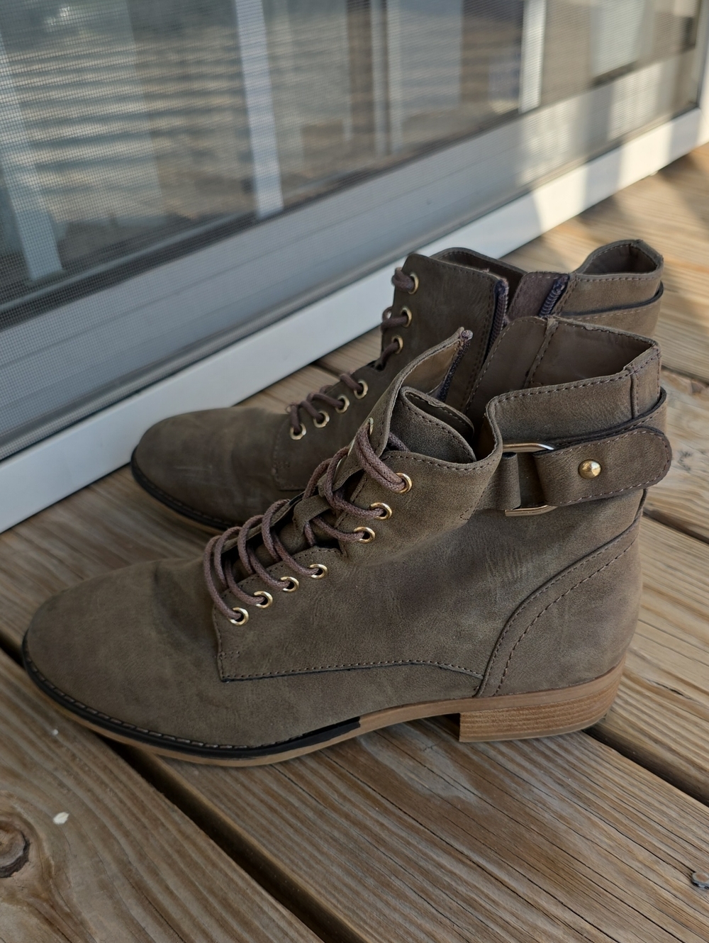 Taupe Lace-Up Ankle Boots with Buckle